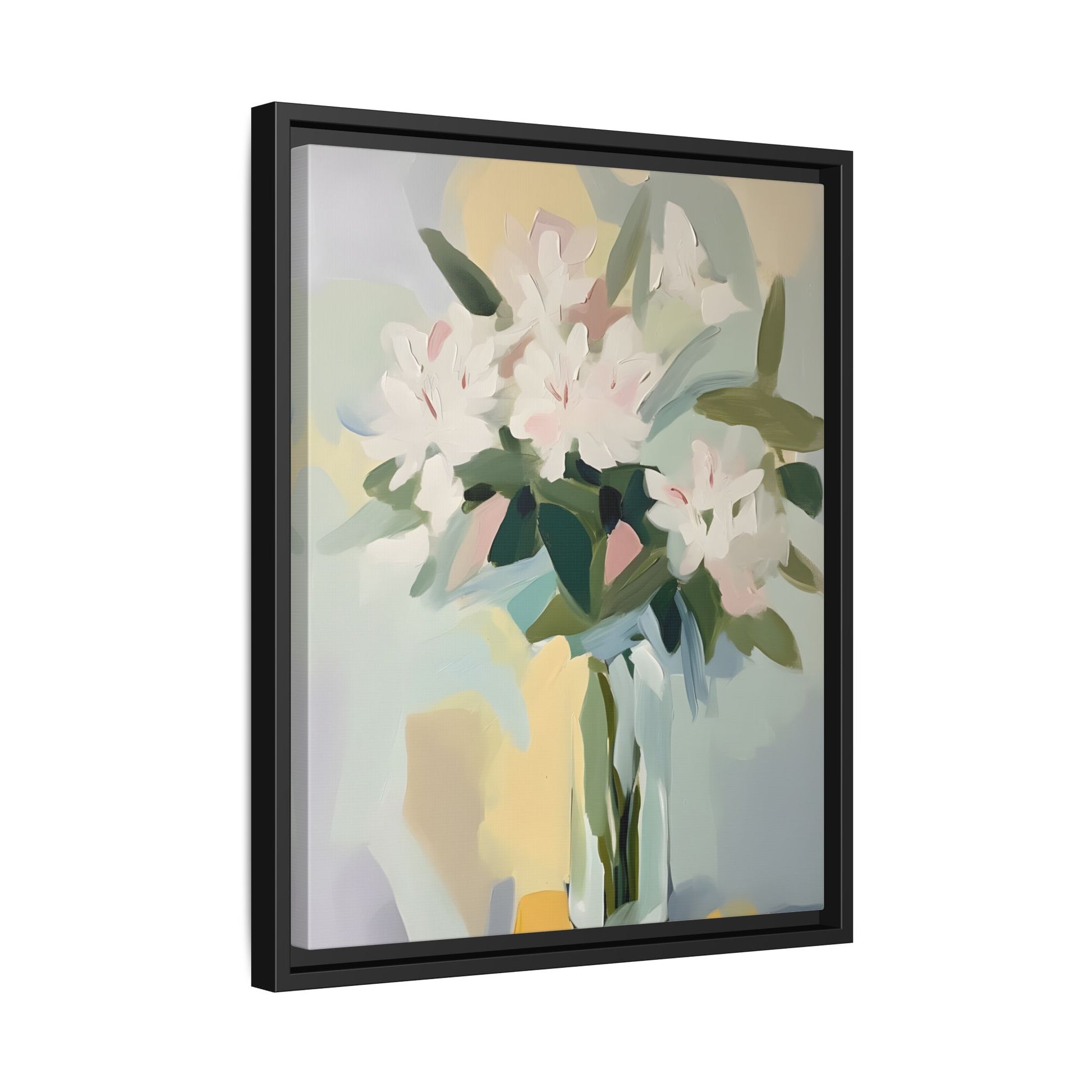 Soft Abstract Floral Wall Art – Framed Modern Canvas with White Flowers in Green Vase, elegant decor for any modern space.