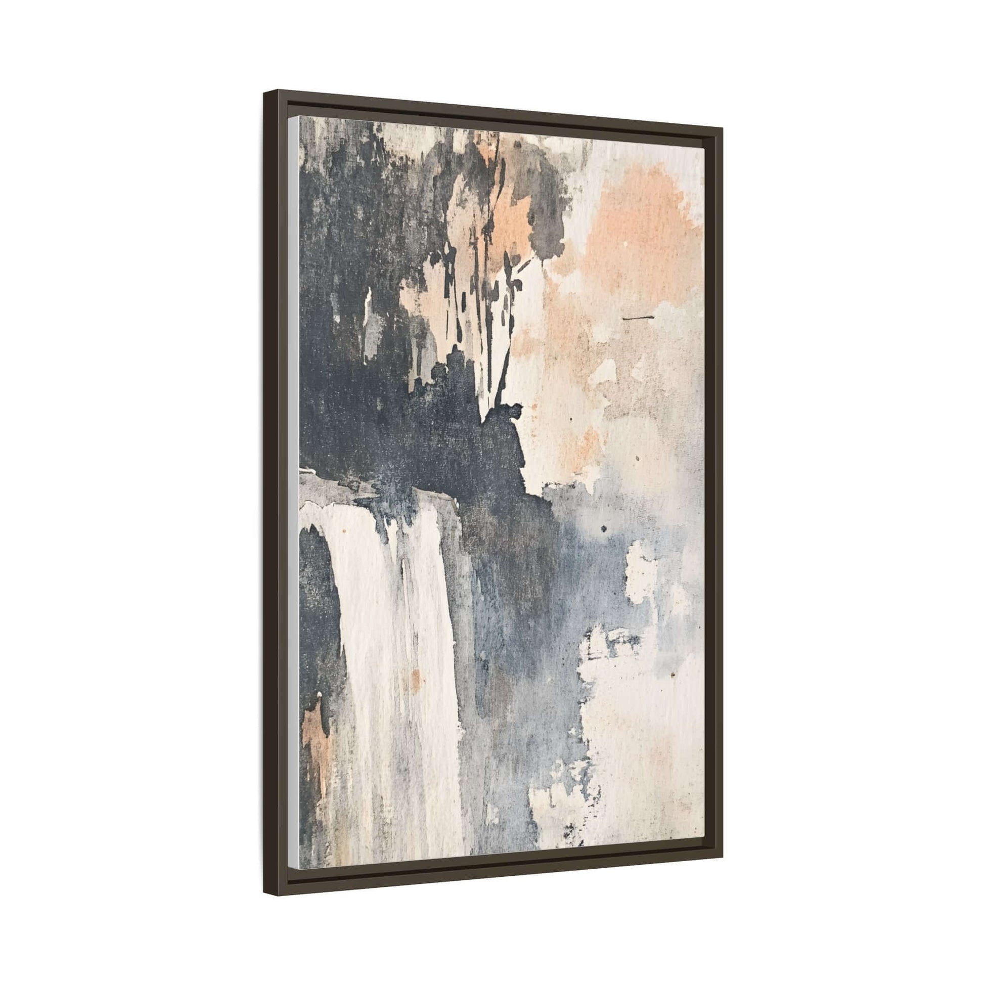 Framed waterfall art print on matte canvas, featuring abstract design in neutral tones for elegant home decor.