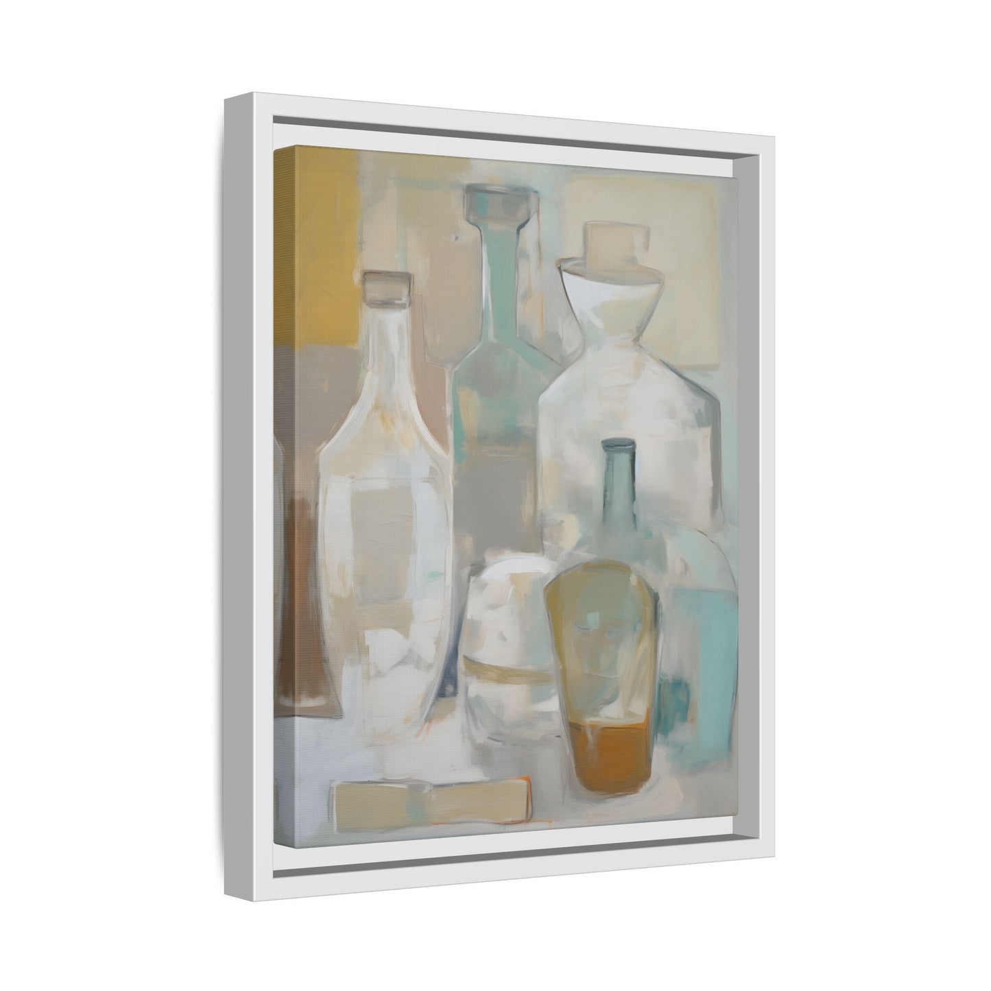 Modern Still Life Wall Art – Neutral Bottles Framed Canvas in Beige, Aqua & Amber, featuring translucent bottles in calming shades.