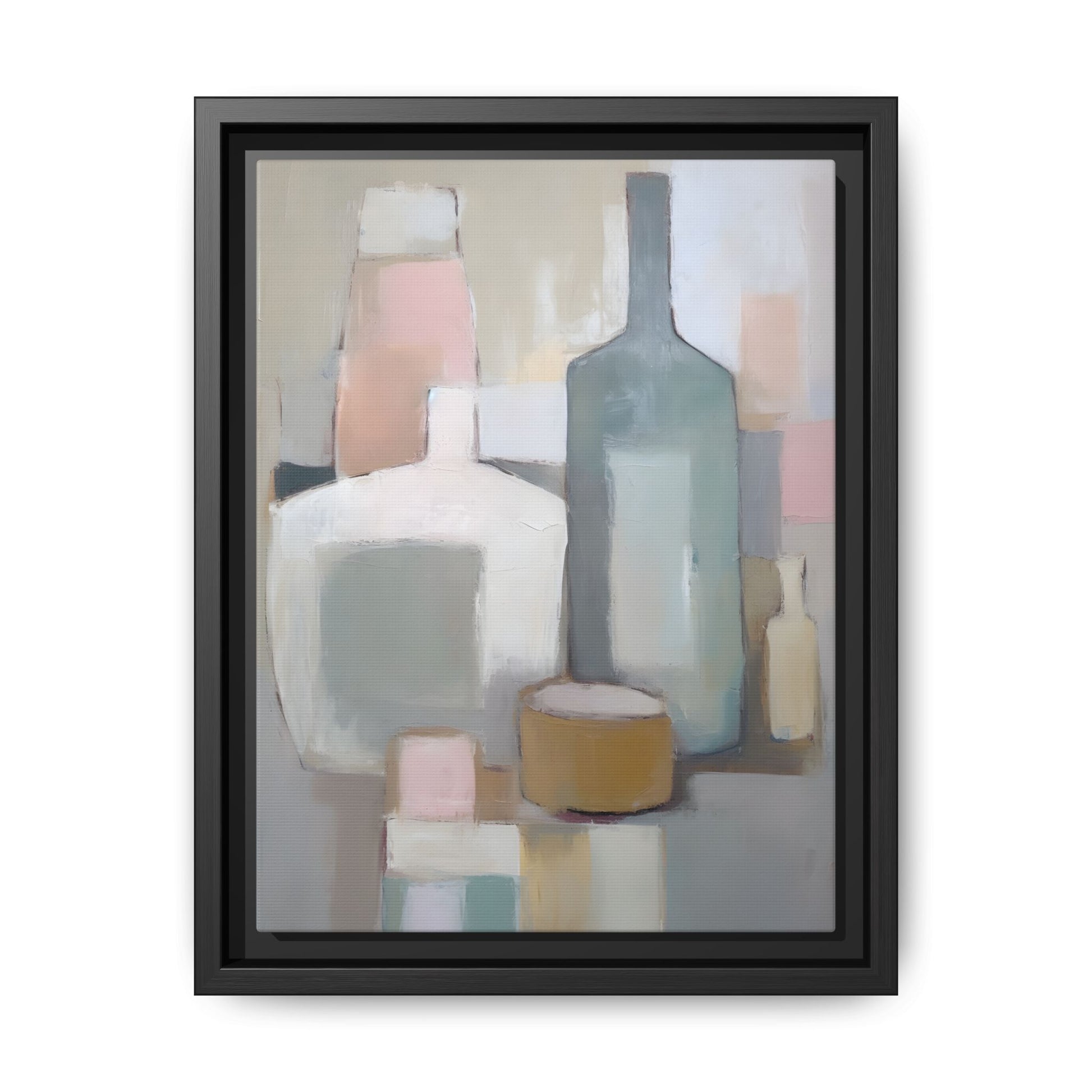Modern Abstract Bottle Still Life Wall Art – Framed Canvas in Soft Pink, Blue, and Beige with serene minimalist design.