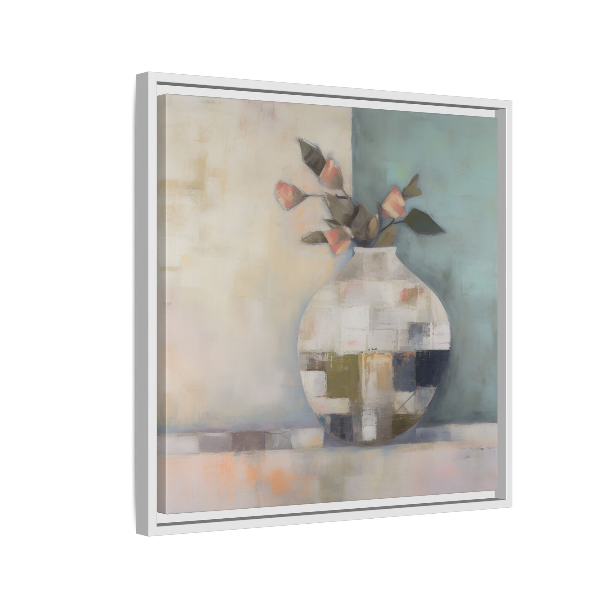 Geometric Floral Still Life Wall Art – Framed Abstract Canvas with Vase and Blush Pink Buds