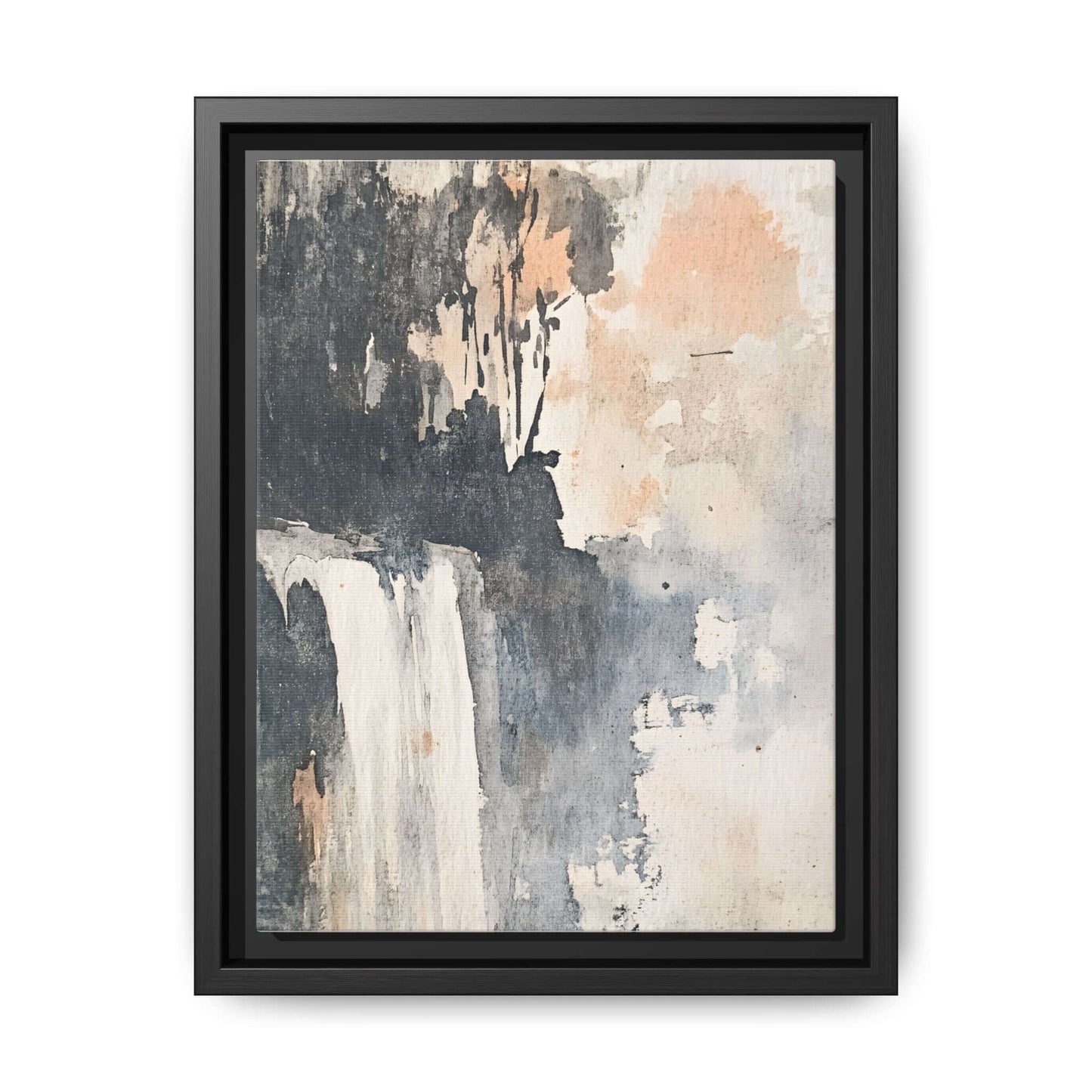 Framed vertical waterfall art print on matte canvas, featuring abstract landscape design, perfect for home decor in various sizes.