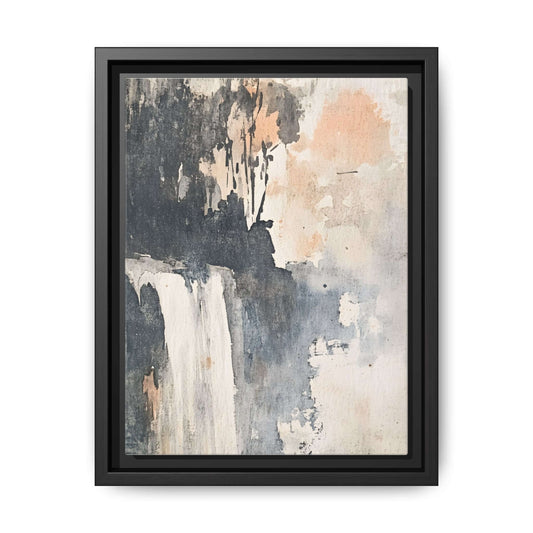 Framed vertical waterfall art print on matte canvas, featuring abstract landscape design, perfect for home decor in various sizes.