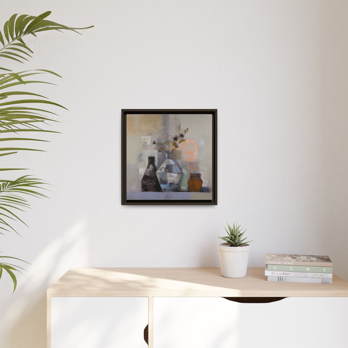 Earthy Bottle Still Life Wall Art – Framed Abstract Canvas with Geometric Vases in Neutral Tones displayed on a wall.