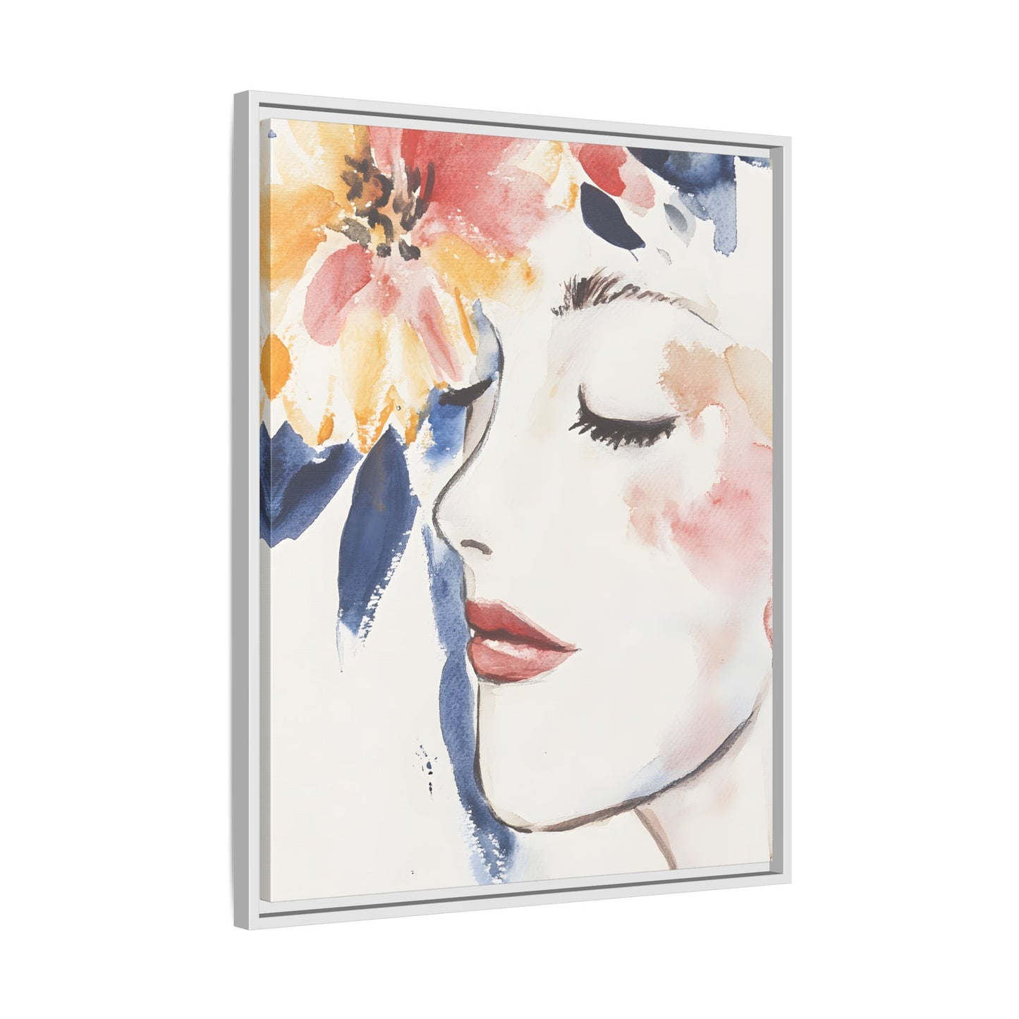 Multi-Color Framed Matte Canvas Art - Floral Face Portrait, vertical orientation, vibrant colors, decorative home artwork, 9x12 inches