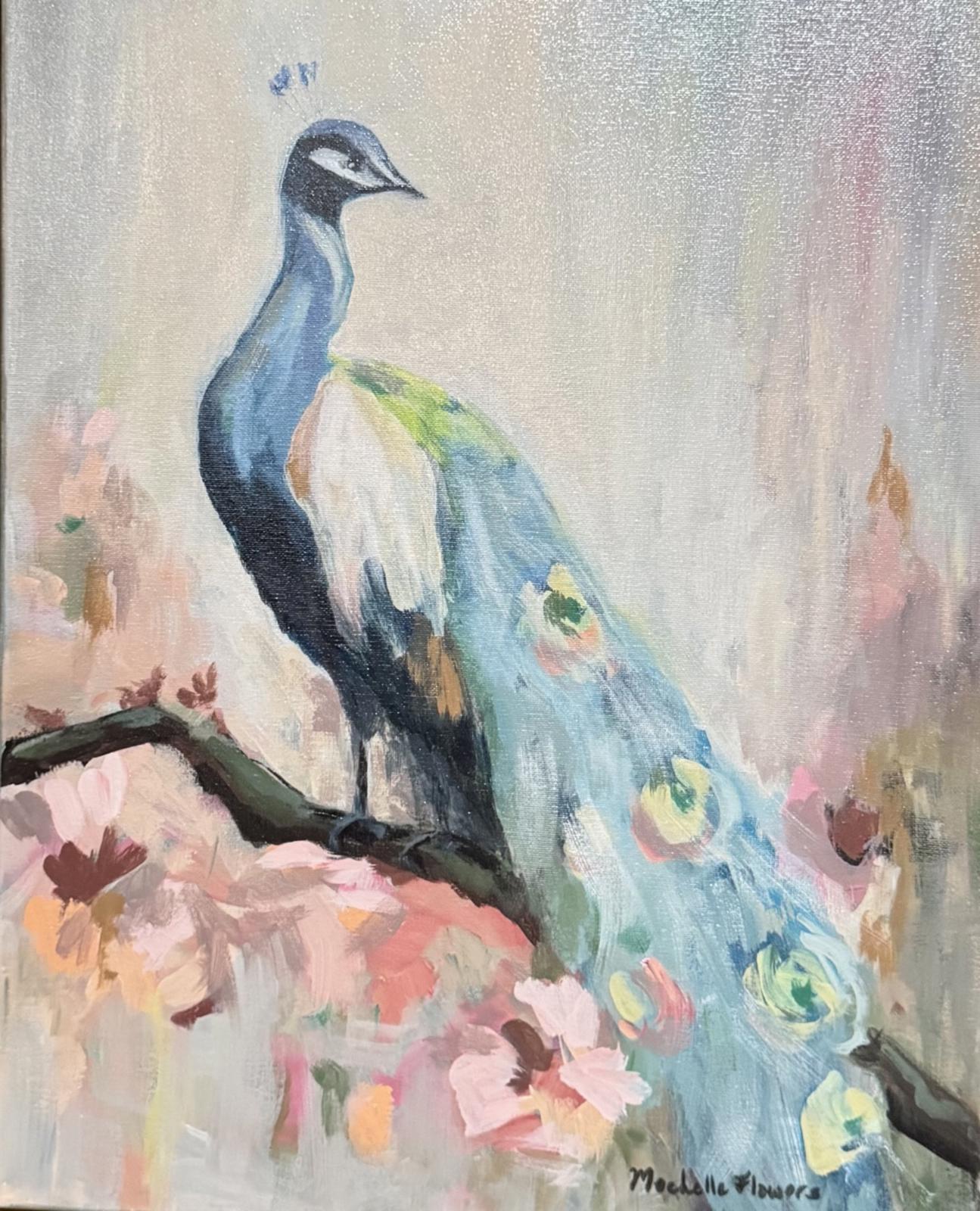 Painting of a peacock with a colorful tail on a floral background