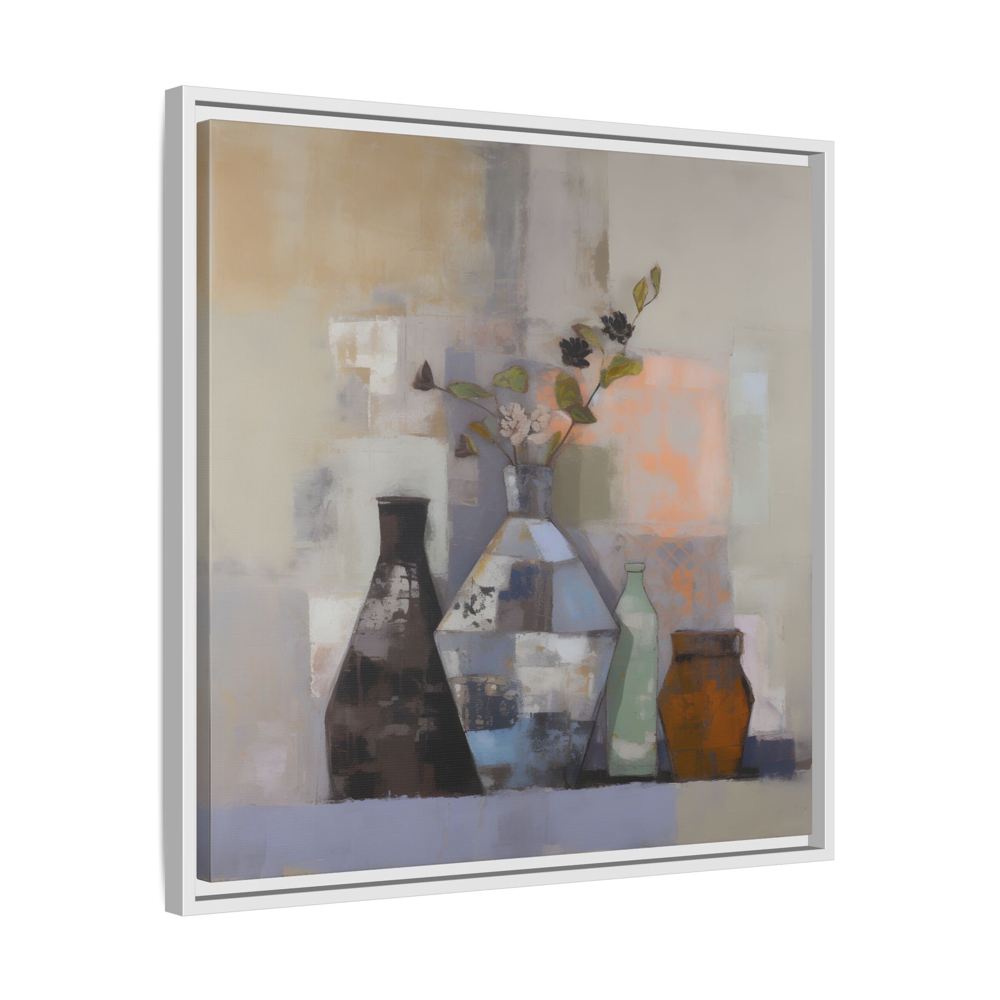 Earthy Bottle Still Life Wall Art – Framed Abstract Canvas with Geometric Vases in Neutral Tones, featuring rustic vases and florals.