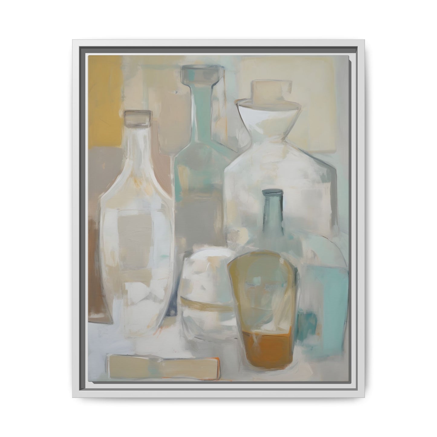 Modern Still Life Wall Art – Neutral Bottles Framed Canvas in Beige, Aqua & Amber