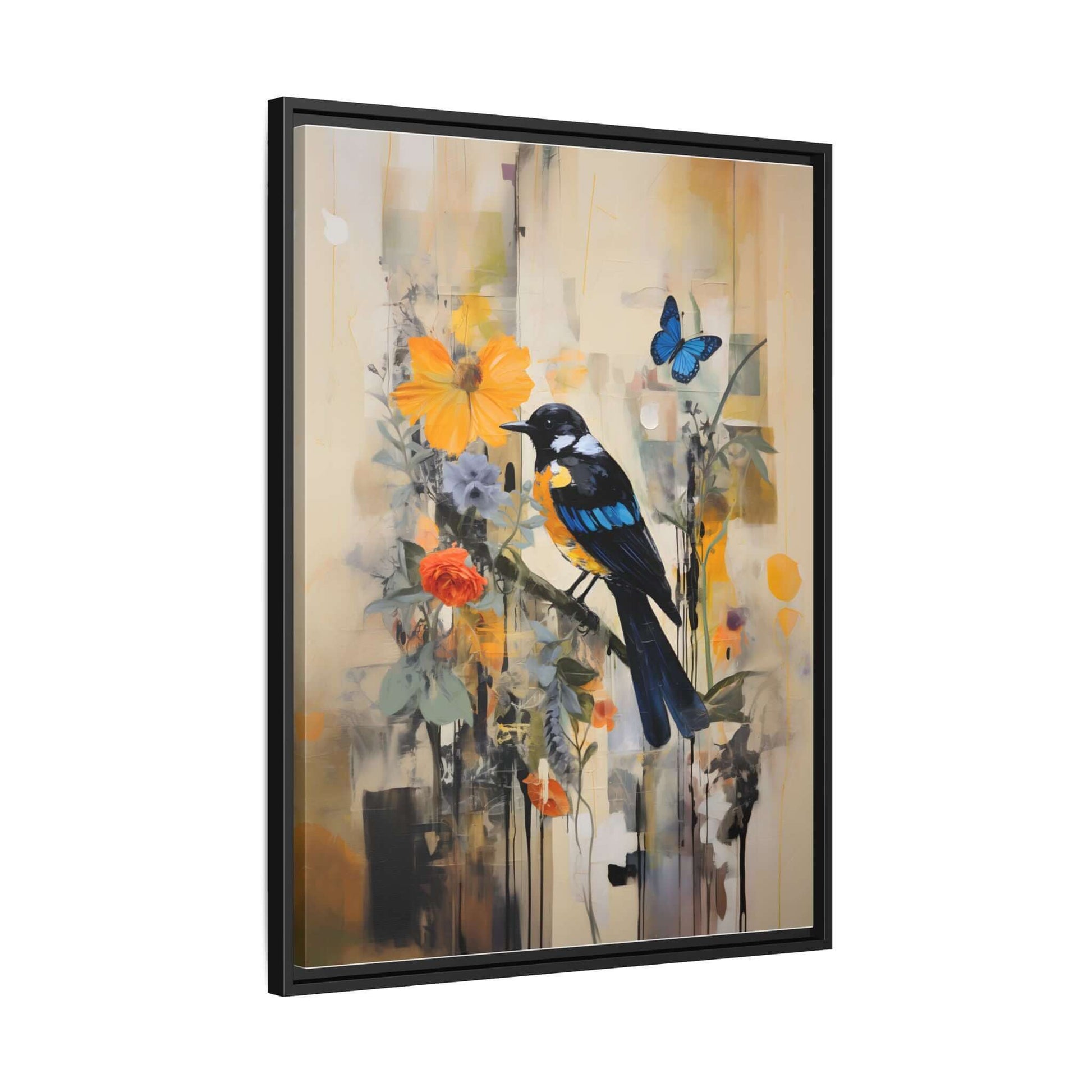 Framed canvas art featuring a colorful bird and butterfly amidst vibrant flowers, perfect for enhancing home decor with nature-inspired beauty.