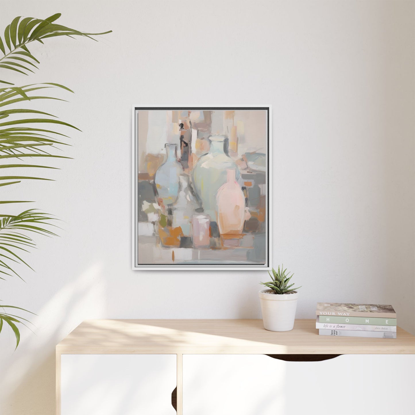 Modern Abstract Still Life Wall Art – Colorful Framed Canvas with Blue, Pink & Terracotta Bottles in a minimalist room setting.