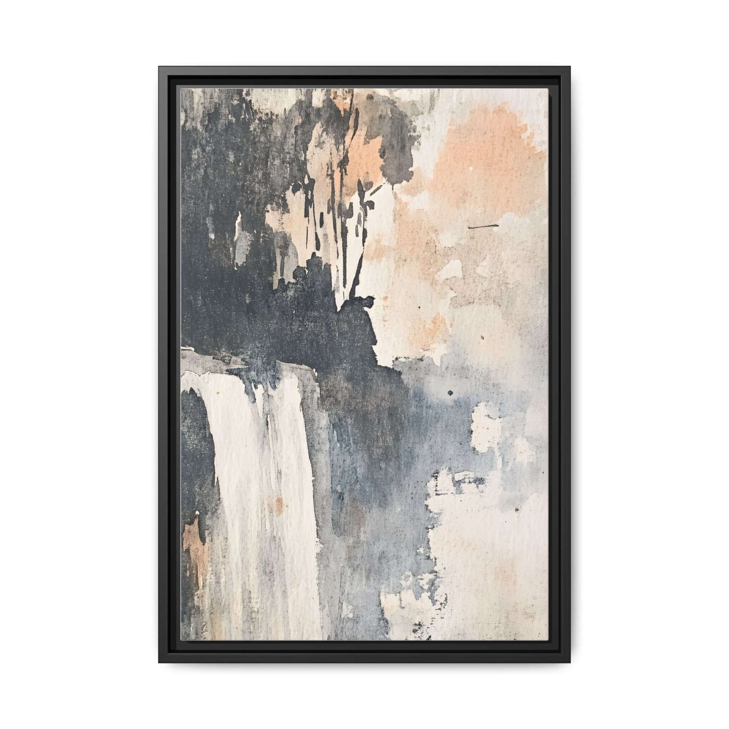 Framed waterfall art print on matte canvas; vertical orientation, featuring soft tones ideal for home decor.