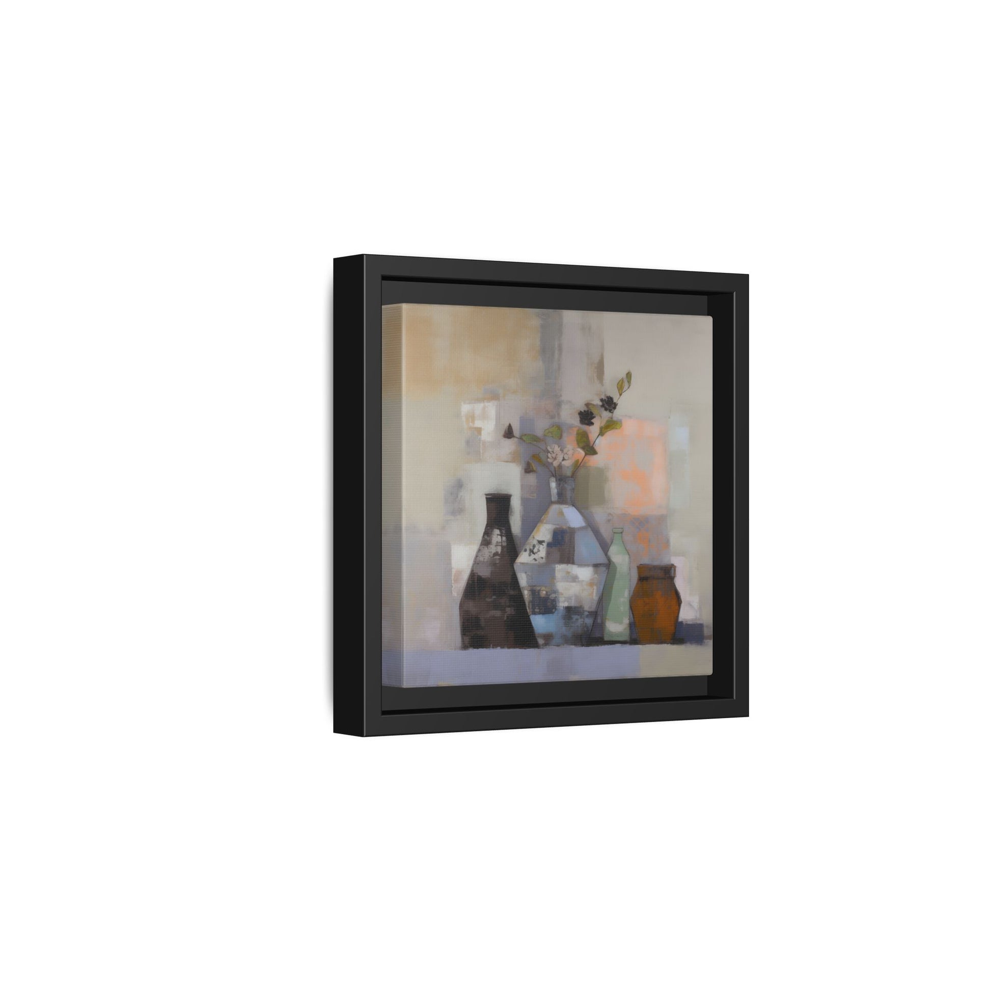 Earthy Bottle Still Life Wall Art – Framed Abstract Canvas with Geometric Vases in Neutral Tones featuring patchwork and floral elements.