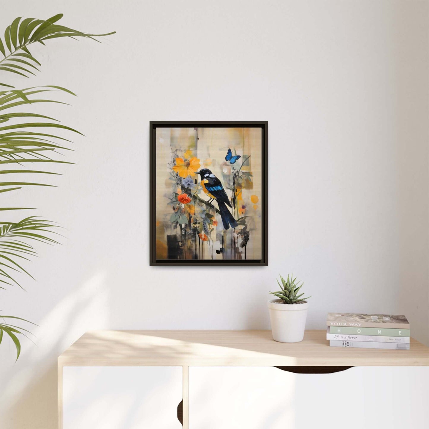 Framed colorful bird and butterfly canvas art enhancing a modern living space with vibrant decor.