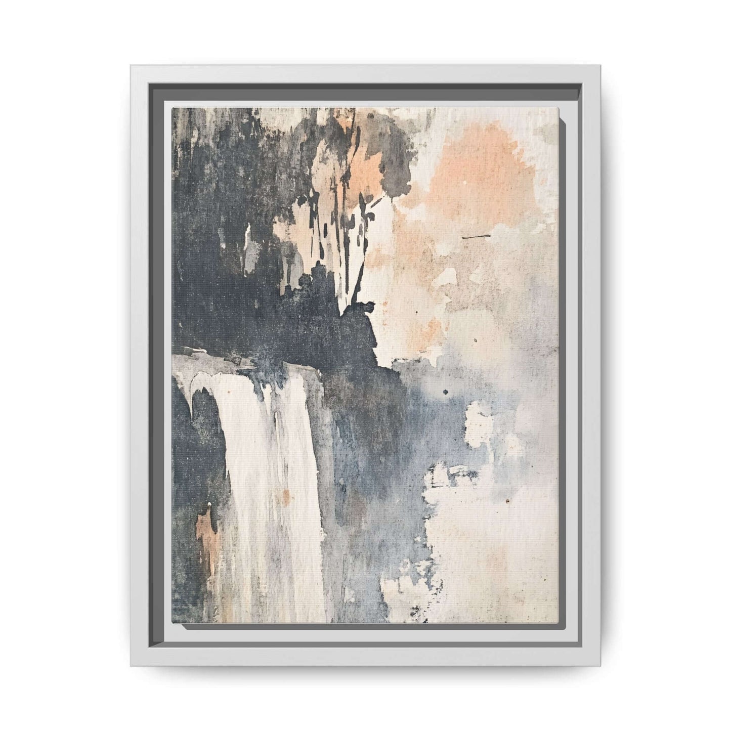 Framed waterfall art print on matte canvas in abstract style, featuring neutral tones for home decor.