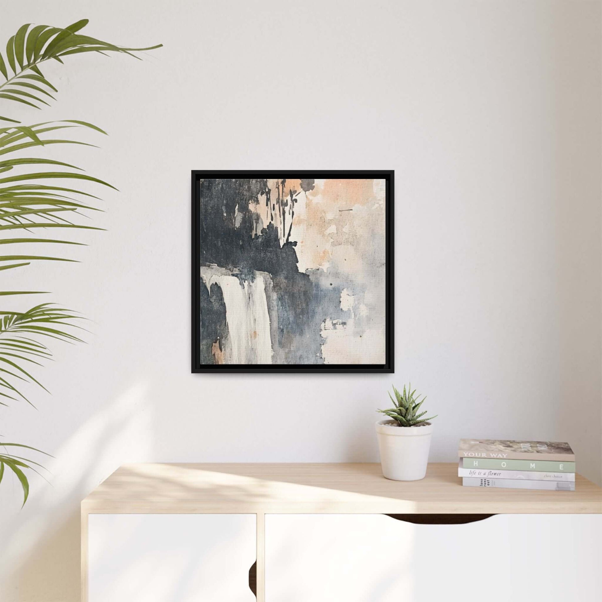 Framed waterfall art print in matte canvas displayed in a modern home setting, enhancing decor with a touch of nature and elegance.
