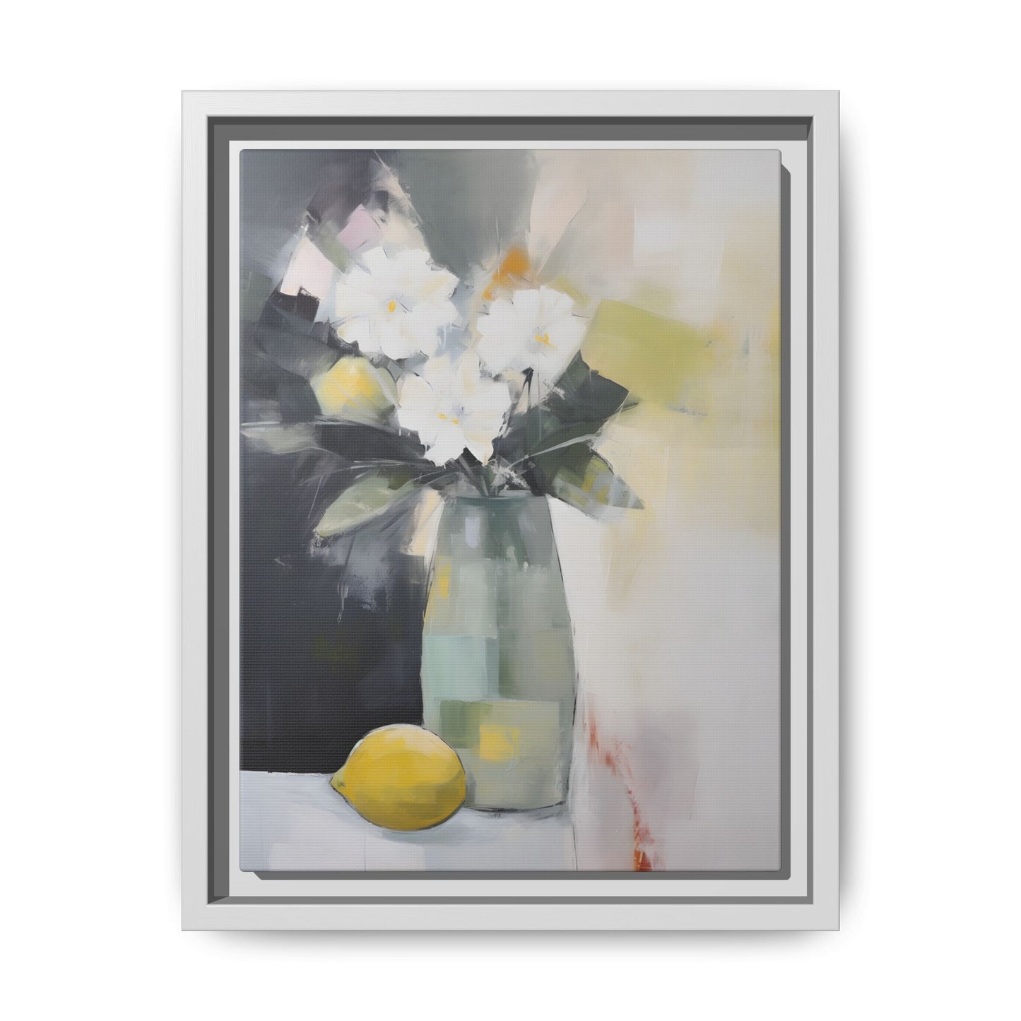 Modern Floral Still Life Wall Art – Framed Canvas with White Flowers and Lemon in Soft Green Vase