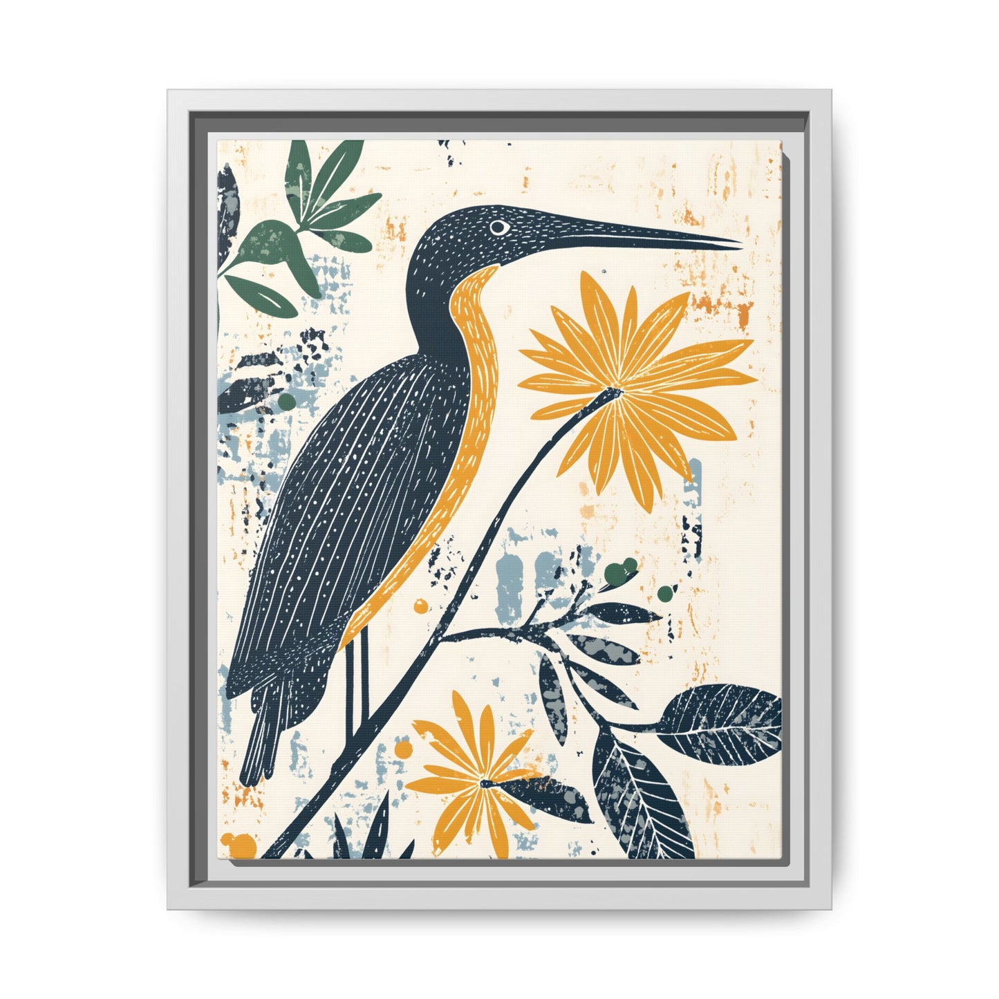 Colorful Bird and Flower Framed Matte Canvas Art