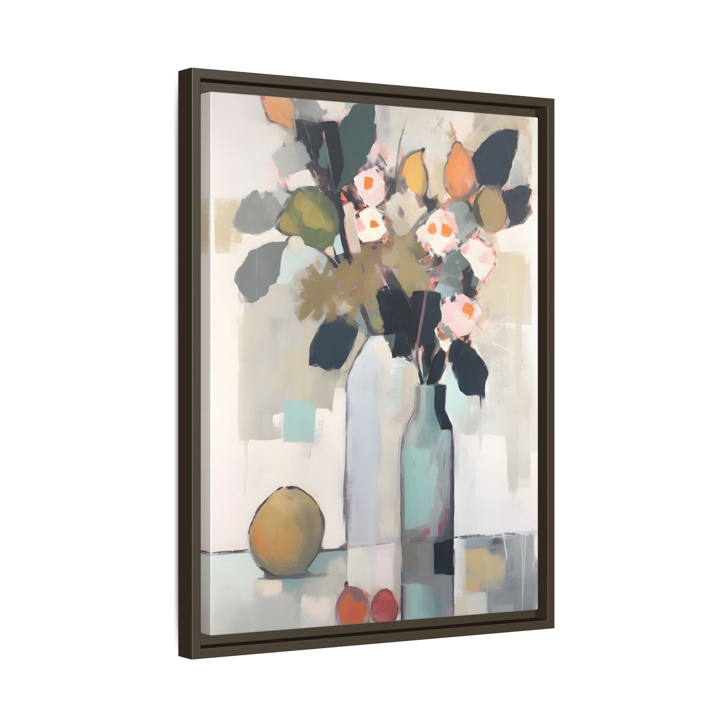 Modern Floral Still Life Wall Art – Framed Canvas with Bold Leaves and Citrus in Vase, featuring abstract design with vibrant colors.