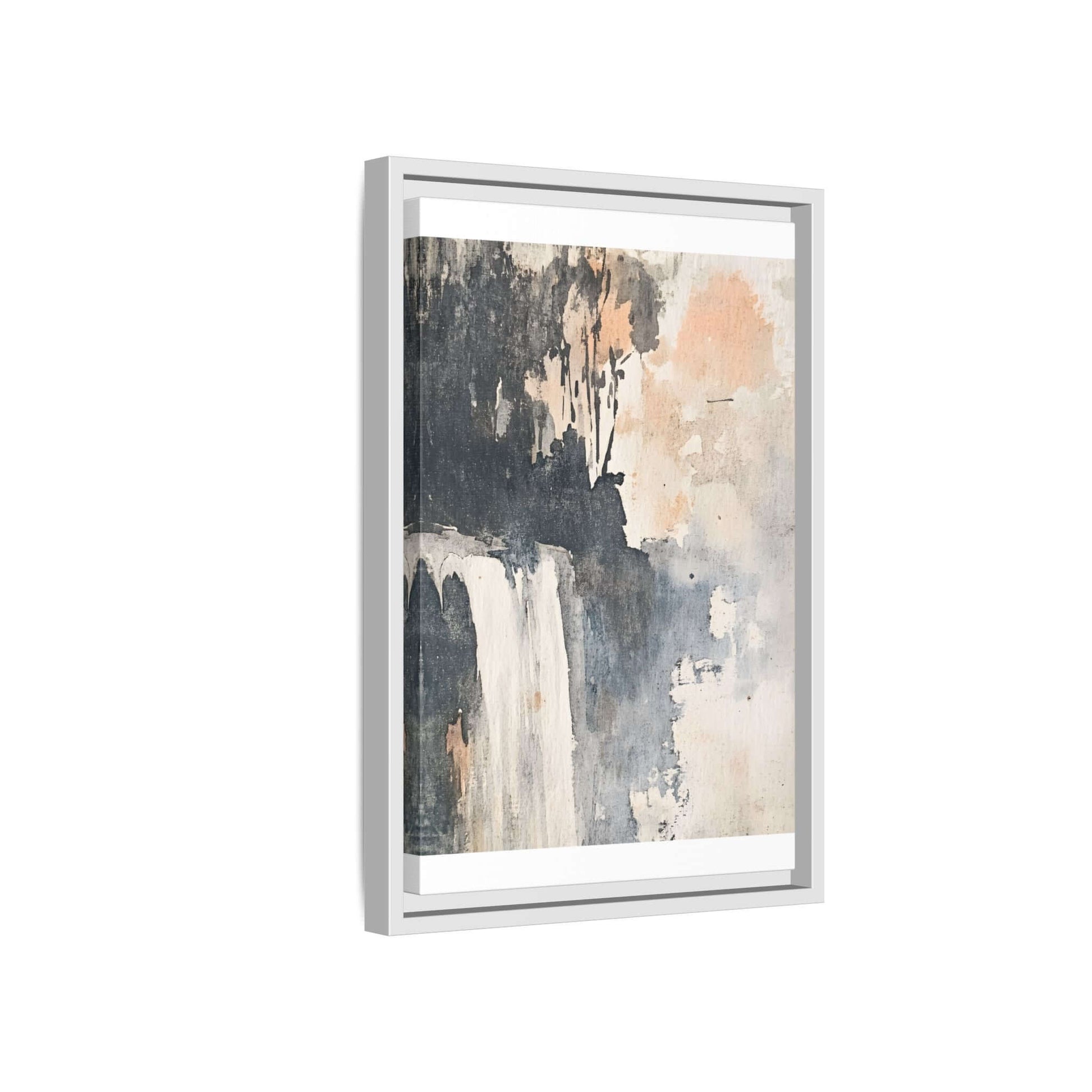 Framed waterfall art print on matte canvas, vertical orientation with abstract design, ideal for home decor, various sizes available.