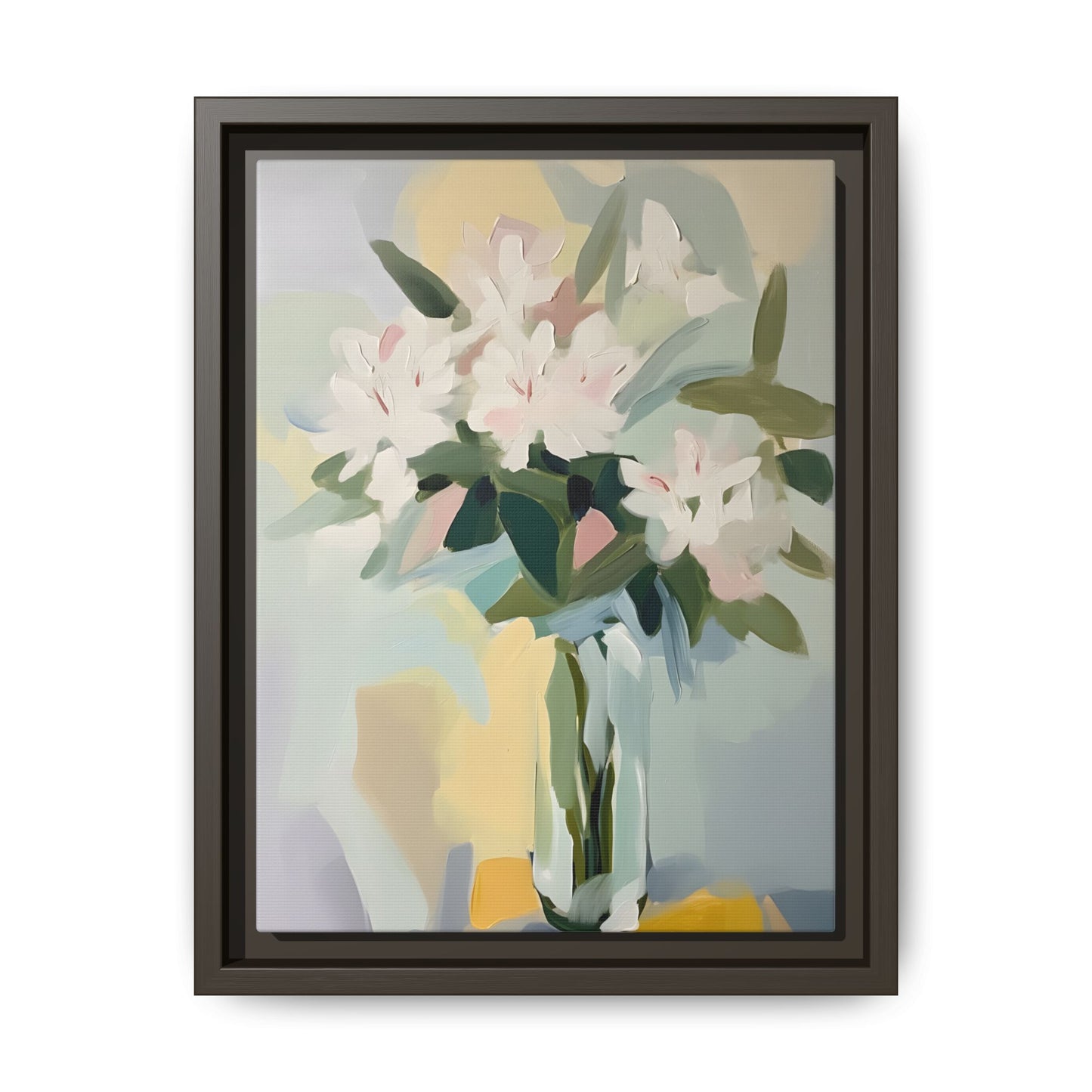 Soft Abstract Floral Wall Art – Framed Modern Canvas with White Flowers in Green Vase, featuring delicate painting in soft hues.