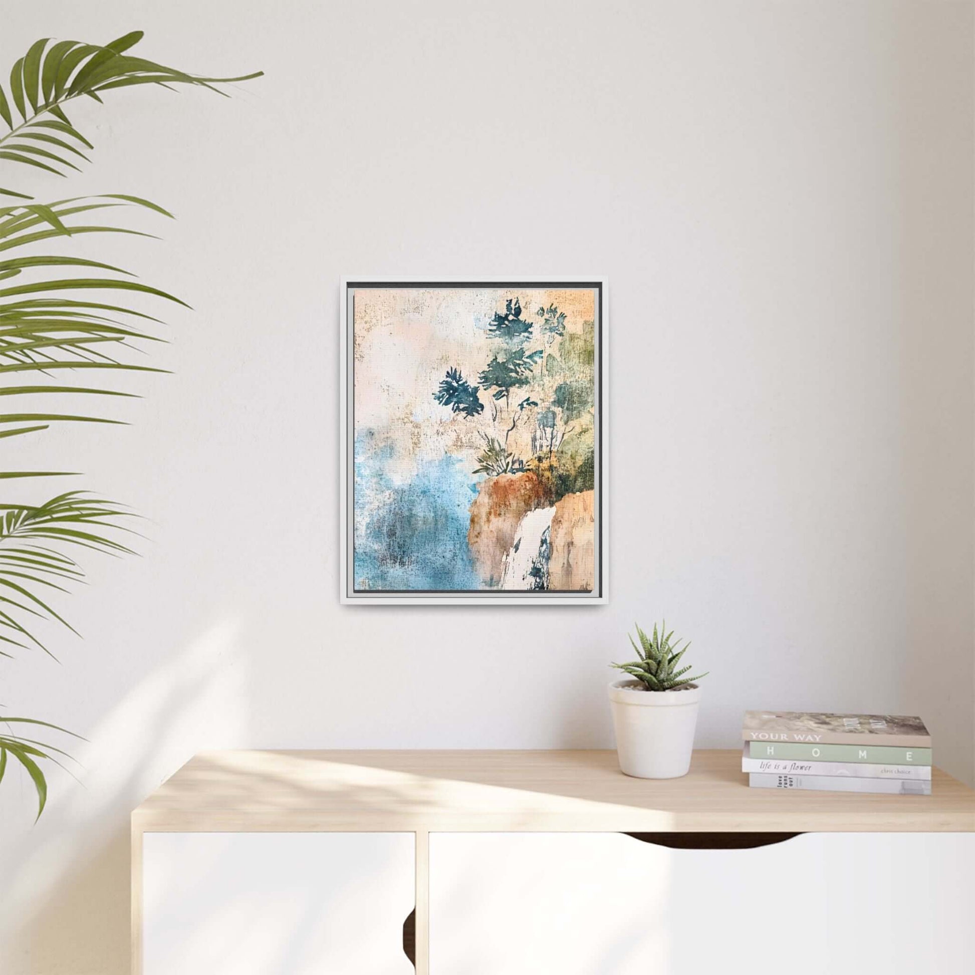 Framed Watercolor Canvas Print of a Misty Forest Landscape hung on a wall for elegant home decor