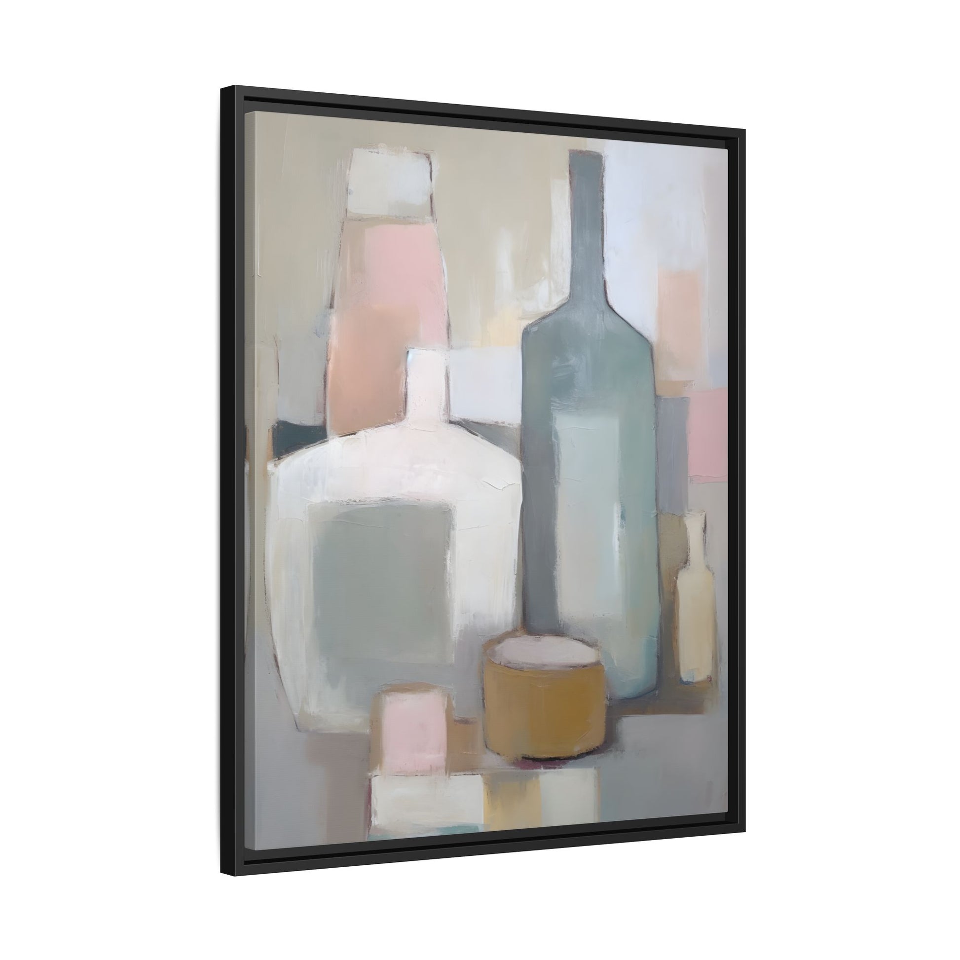 Modern Abstract Bottle Still Life Wall Art – Framed Canvas in Soft Pink, Blue, and Beige featuring serene abstract bottles.