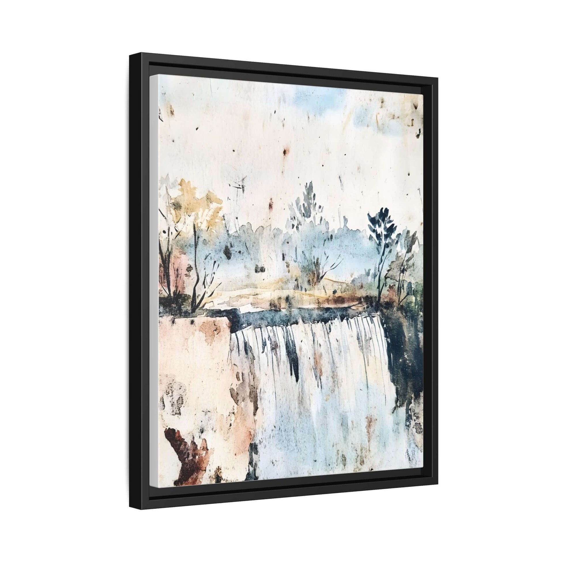 Framed watercolor wall art depicting a serene landscape with trees and a waterfall, perfect for home decor.