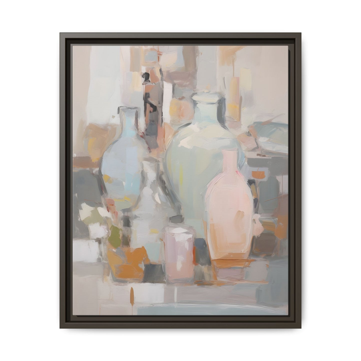 Modern Abstract Still Life Wall Art – Colorful Framed Canvas with Blue, Pink & Terracotta Bottles in dynamic abstract composition.