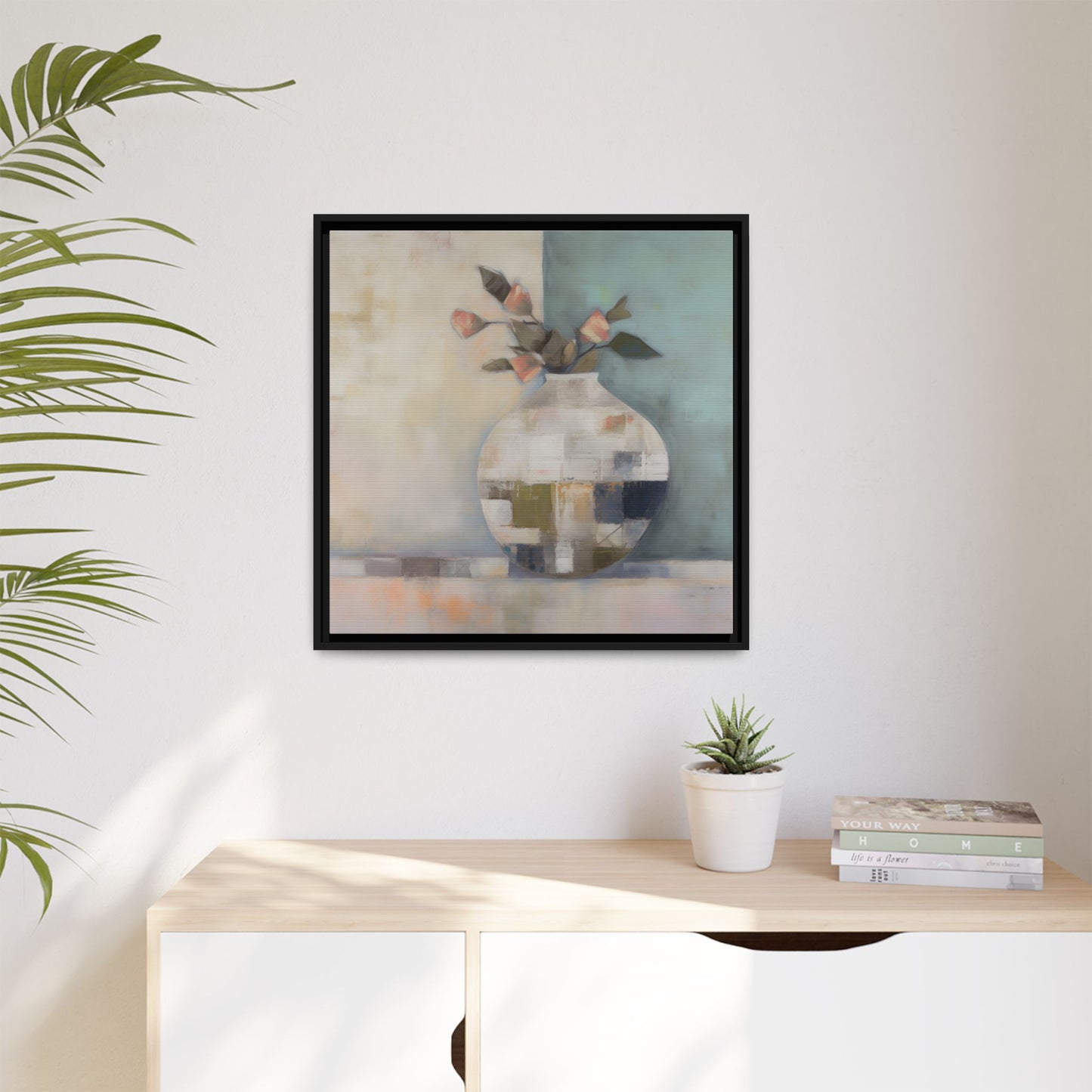 Geometric Floral Still Life Wall Art – Framed Abstract Canvas with Vase and Blush Pink Buds hanging on a white wall
