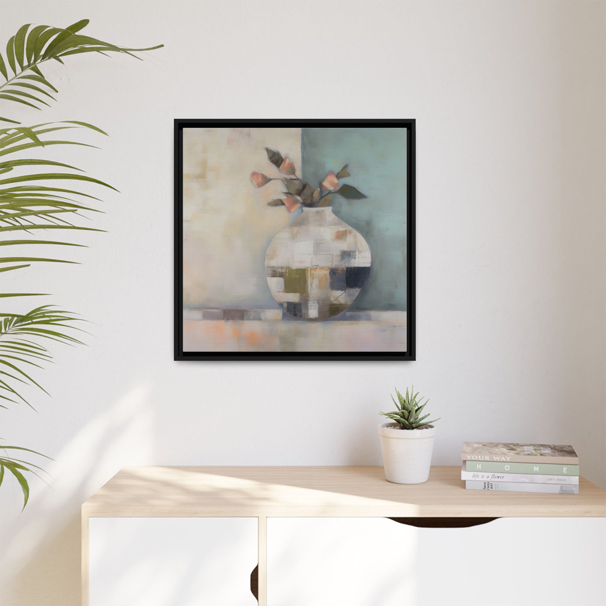 Geometric Floral Still Life Wall Art – Framed Abstract Canvas with Vase and Blush Pink Buds hanging on a white wall
