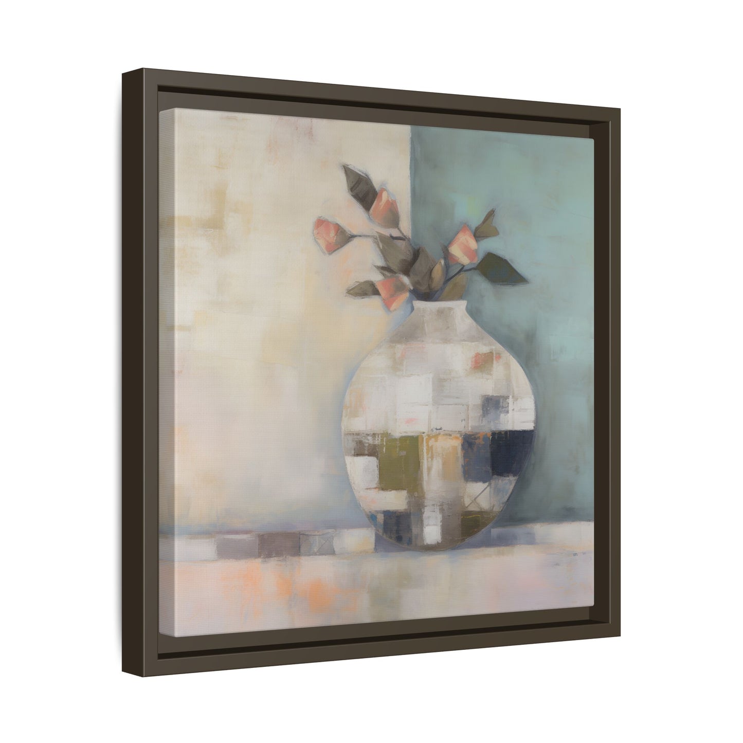 Geometric Floral Still Life Wall Art – Framed Abstract Canvas with Vase and Blush Pink Buds, featuring minimalist textures and soft tones.
