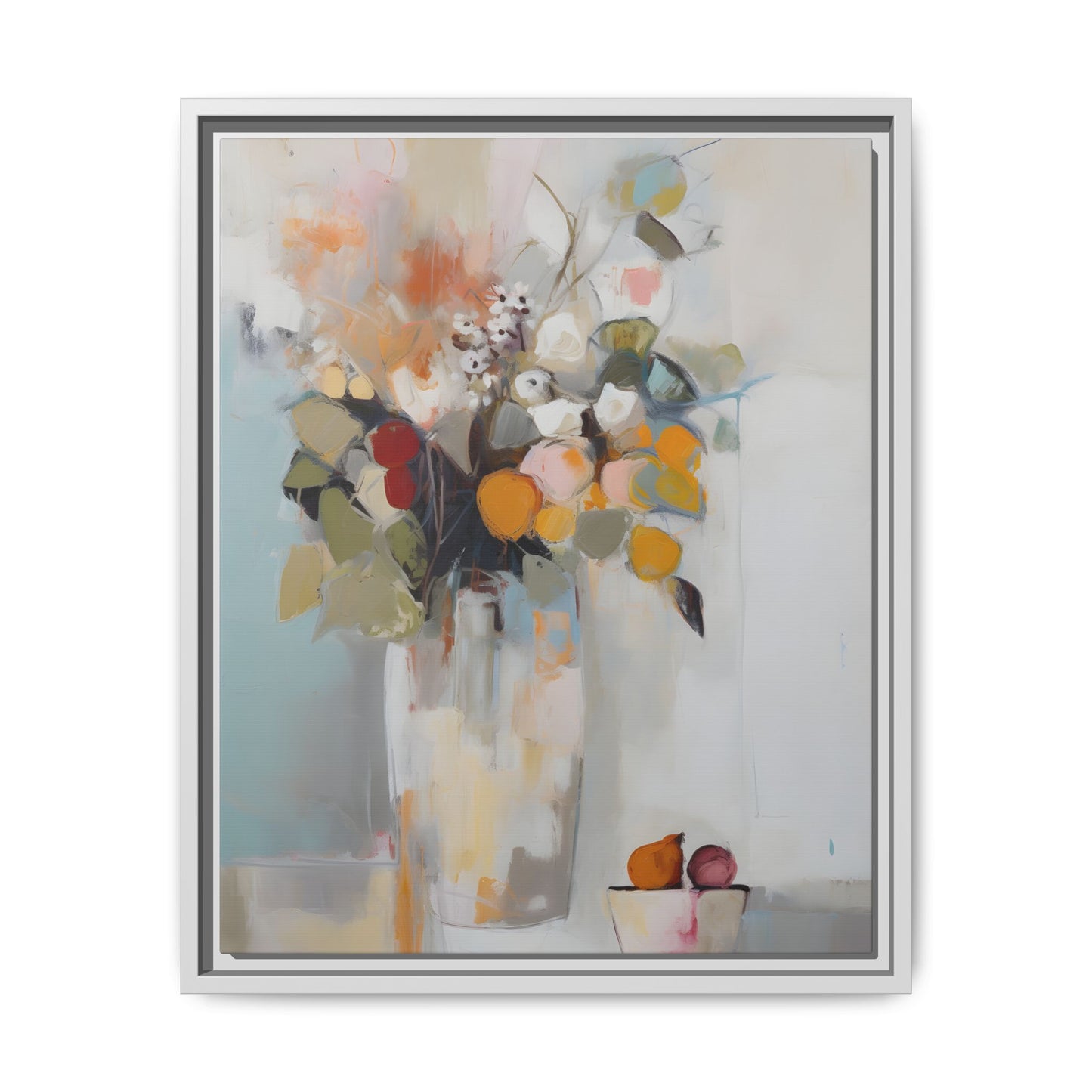 Colorful Floral Still Life Wall Art – Framed Abstract Canvas with Bright Blooms and Fruit Bowl