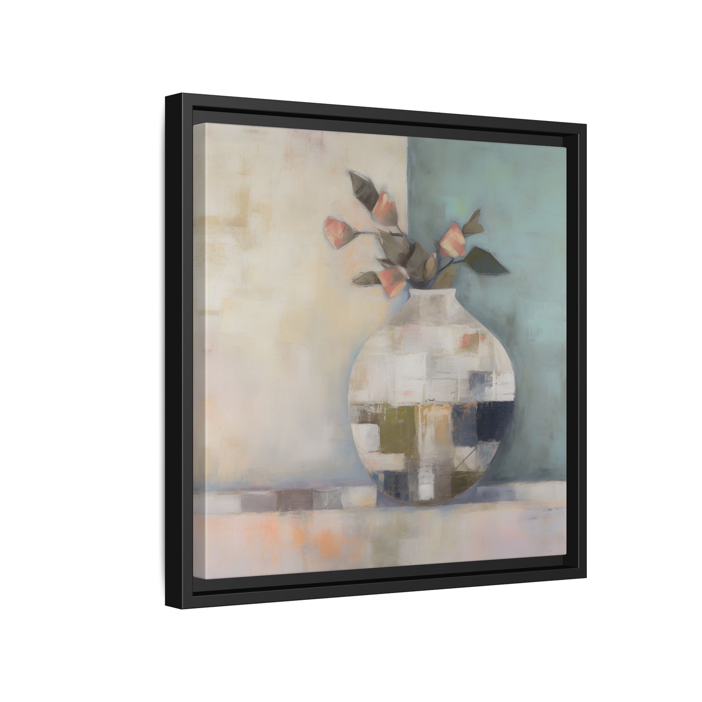 Geometric Floral Still Life Wall Art – Framed Abstract Canvas with Vase and Blush Pink Buds featuring aqua, ivory, coral hues