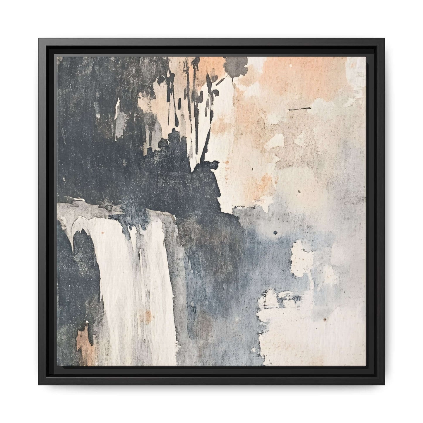 Framed watercolor abstract of a waterfall, matte canvas art print for home decor - square format.