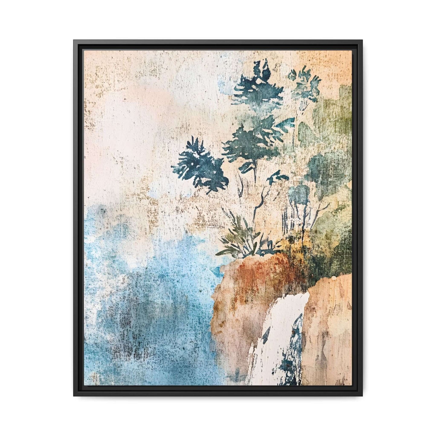 Framed watercolor canvas print of a misty forest landscape, featuring serene trees and a waterfall, perfect for elegant home decor.