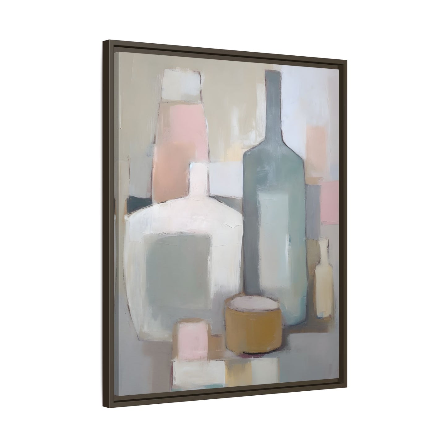 Modern Abstract Bottle Still Life Wall Art – Framed Canvas in Soft Pink, Blue, and Beige with serene muted tones and minimalist design