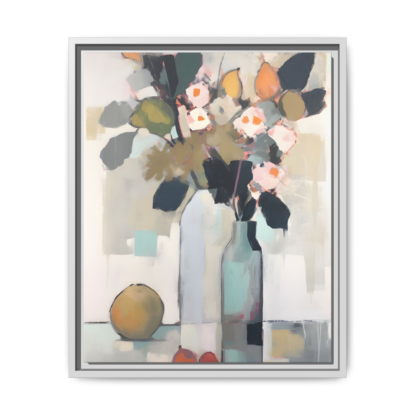 Modern Floral Still Life Wall Art – Framed Canvas with Bold Leaves and Citrus in Vase featuring bold colors and abstract design