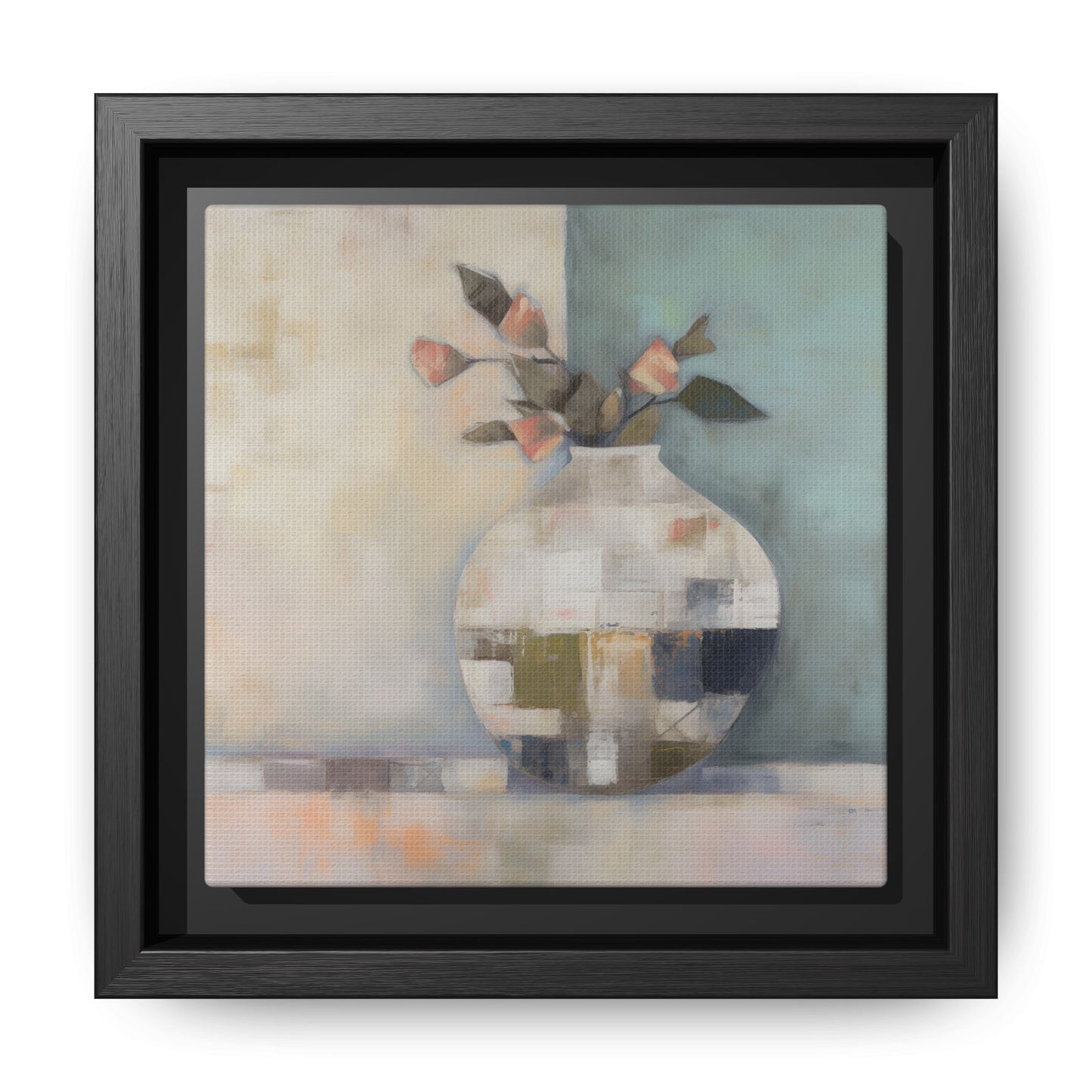 Geometric Floral Still Life Wall Art – Framed Abstract Canvas with Vase and Blush Pink Buds, featuring a minimalist floral design.