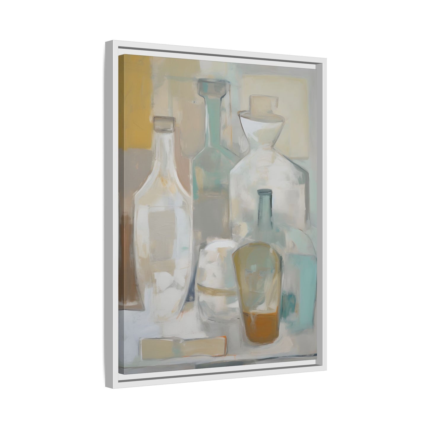 Modern Still Life Wall Art – Neutral Bottles Framed Canvas in Beige, Aqua & Amber with translucent bottles on framed canvas