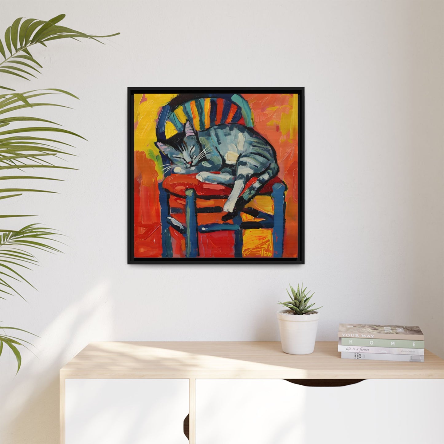 Colorful Cat Art Print - Framed Matte Canvas