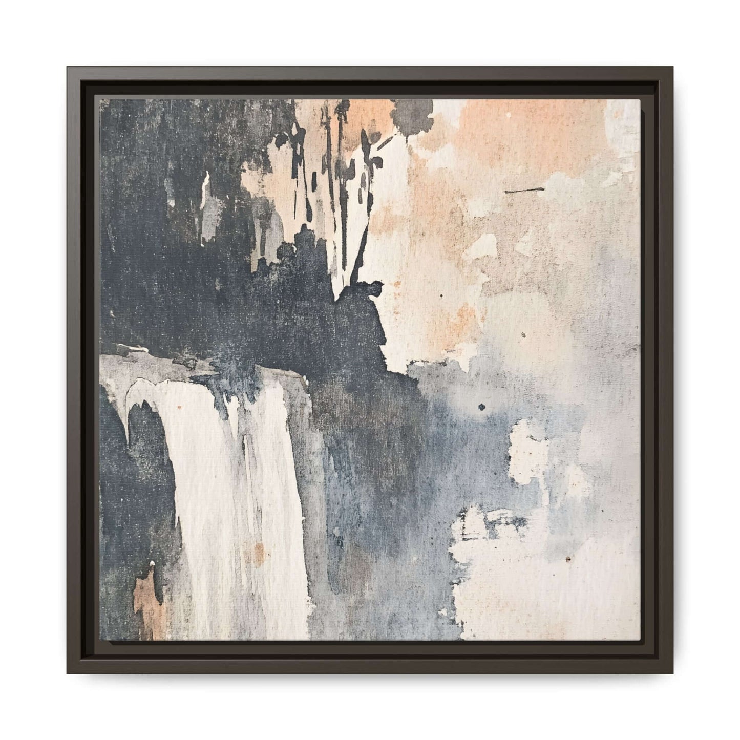 Framed waterfall art print on matte canvas, square format, featuring abstract design in muted tones, ideal for home decor.