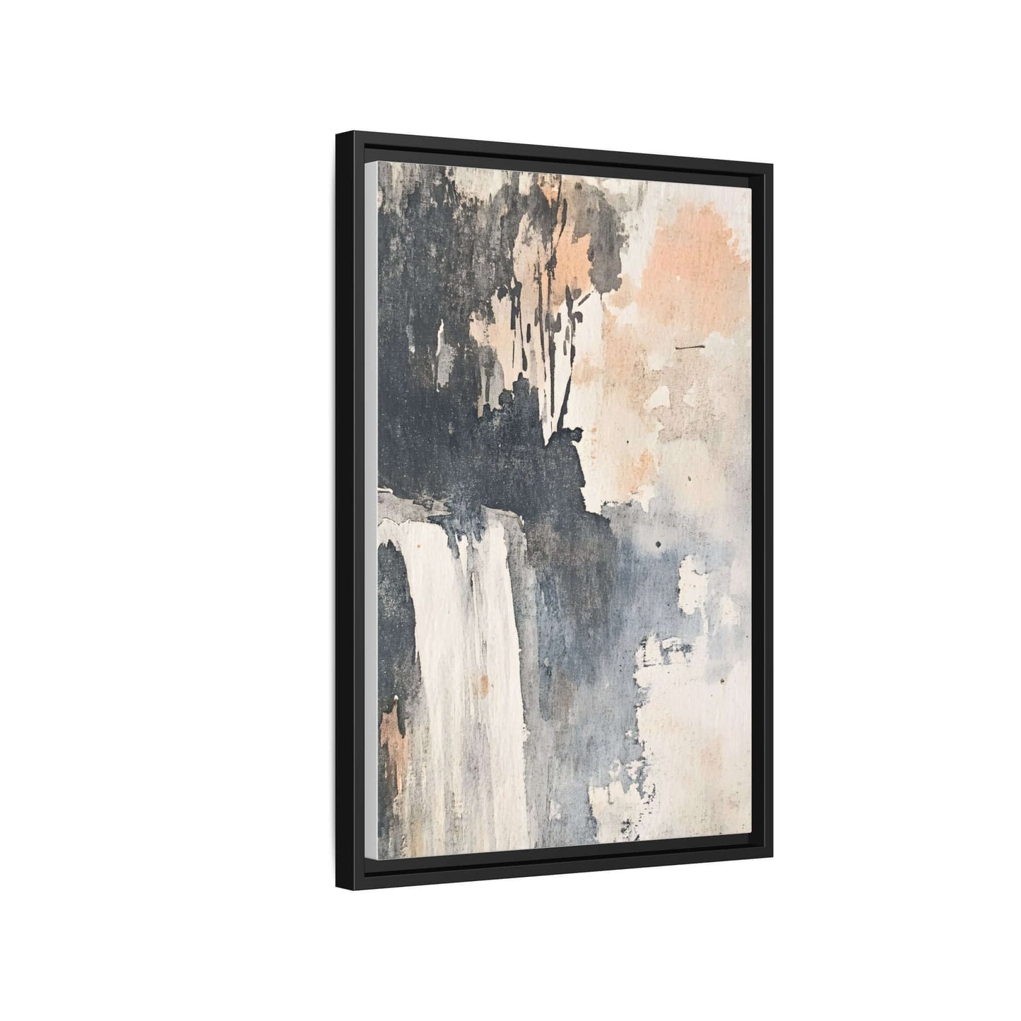 Framed waterfall art print on matte canvas, vertical orientation home decor, blending neutral tones, 9x12 layout.