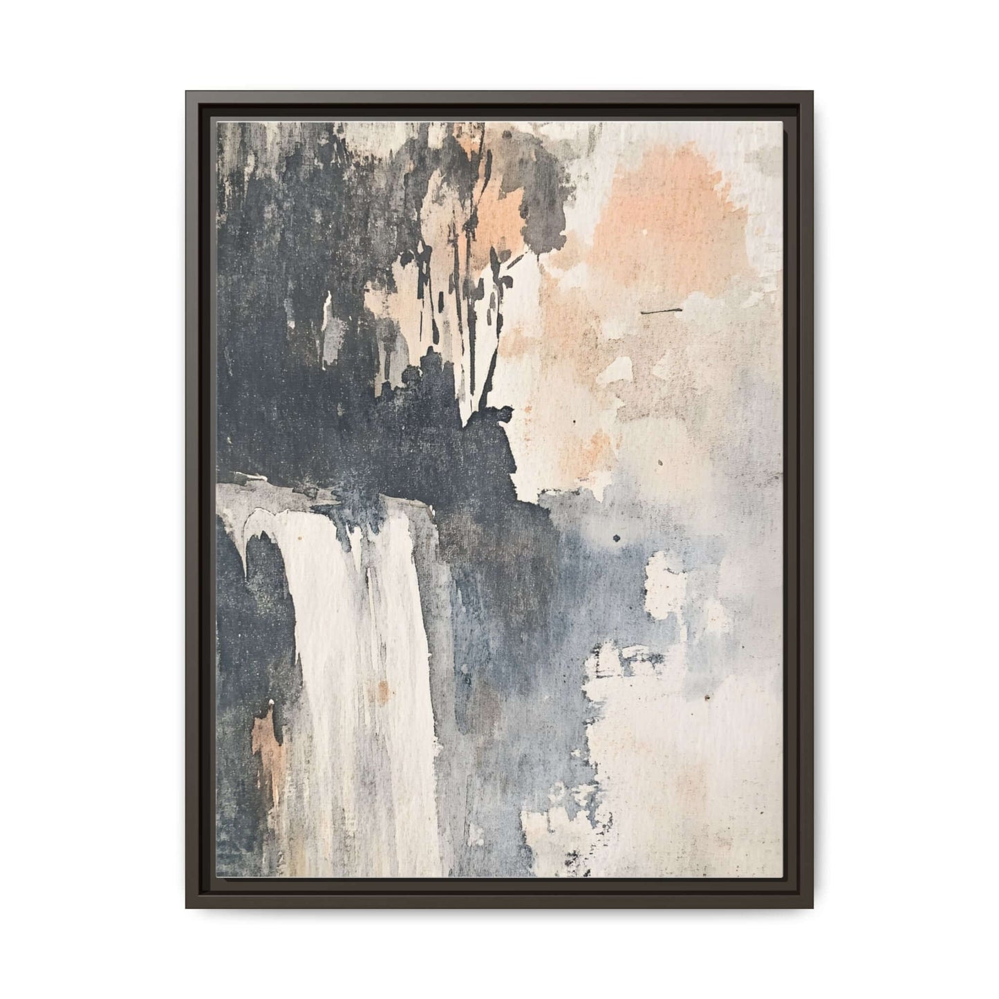 Framed matte canvas print featuring an abstract waterfall design, ideal for home decor; available in various vertical sizes.