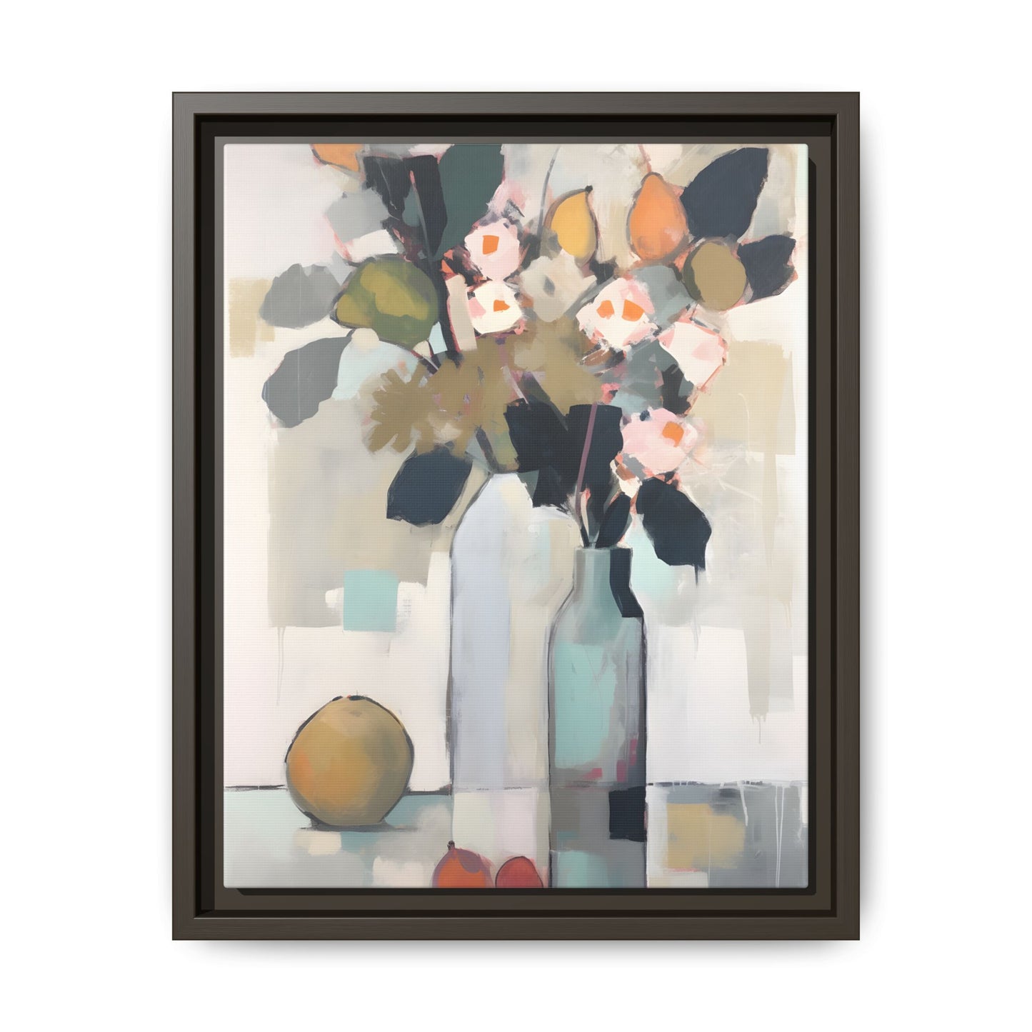 Modern Floral Still Life Wall Art – Framed Canvas with Bold Leaves and Citrus in Vase, featuring abstract vases and expressive bouquet.
