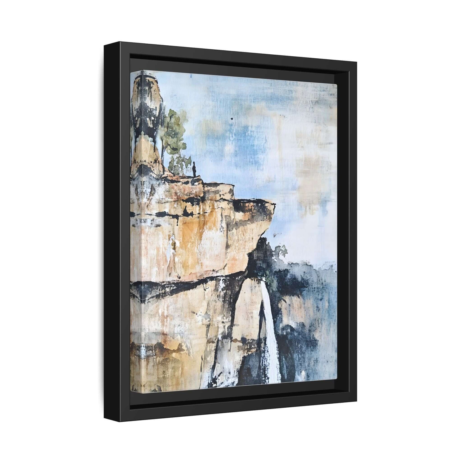 Framed canvas wall art featuring an impressionistic scenic landscape with a waterfall, ideal for creating a serene, calming atmosphere.