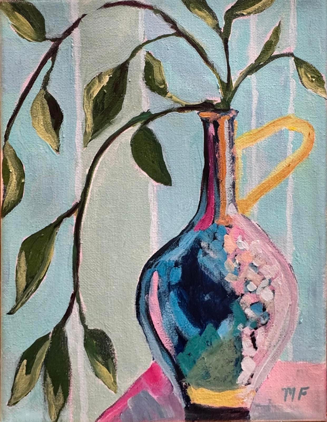Original Painting by Mechelle Flowers of "Botanical Reverie" size 8x10 in Gold Floater Frame featuring a colorful vase with leaves.