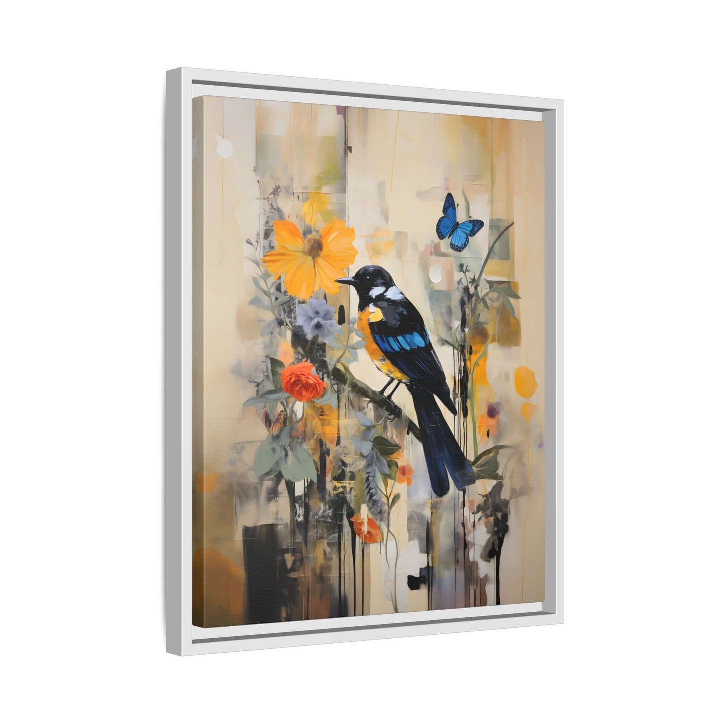 Framed canvas art featuring colorful bird and butterfly with vibrant floral background, perfect for home decor.