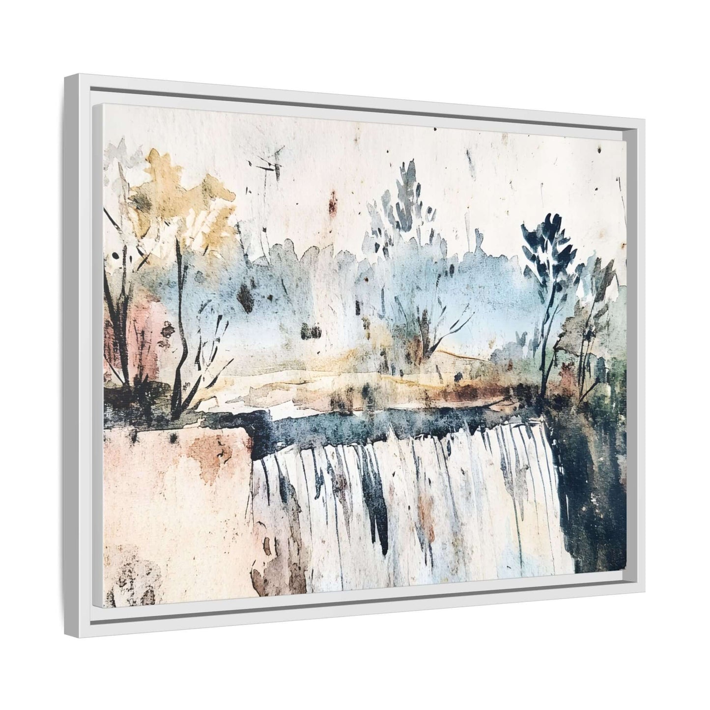 Framed watercolor wall art depicting a serene landscape with trees and a gentle waterfall, perfect for home decor.