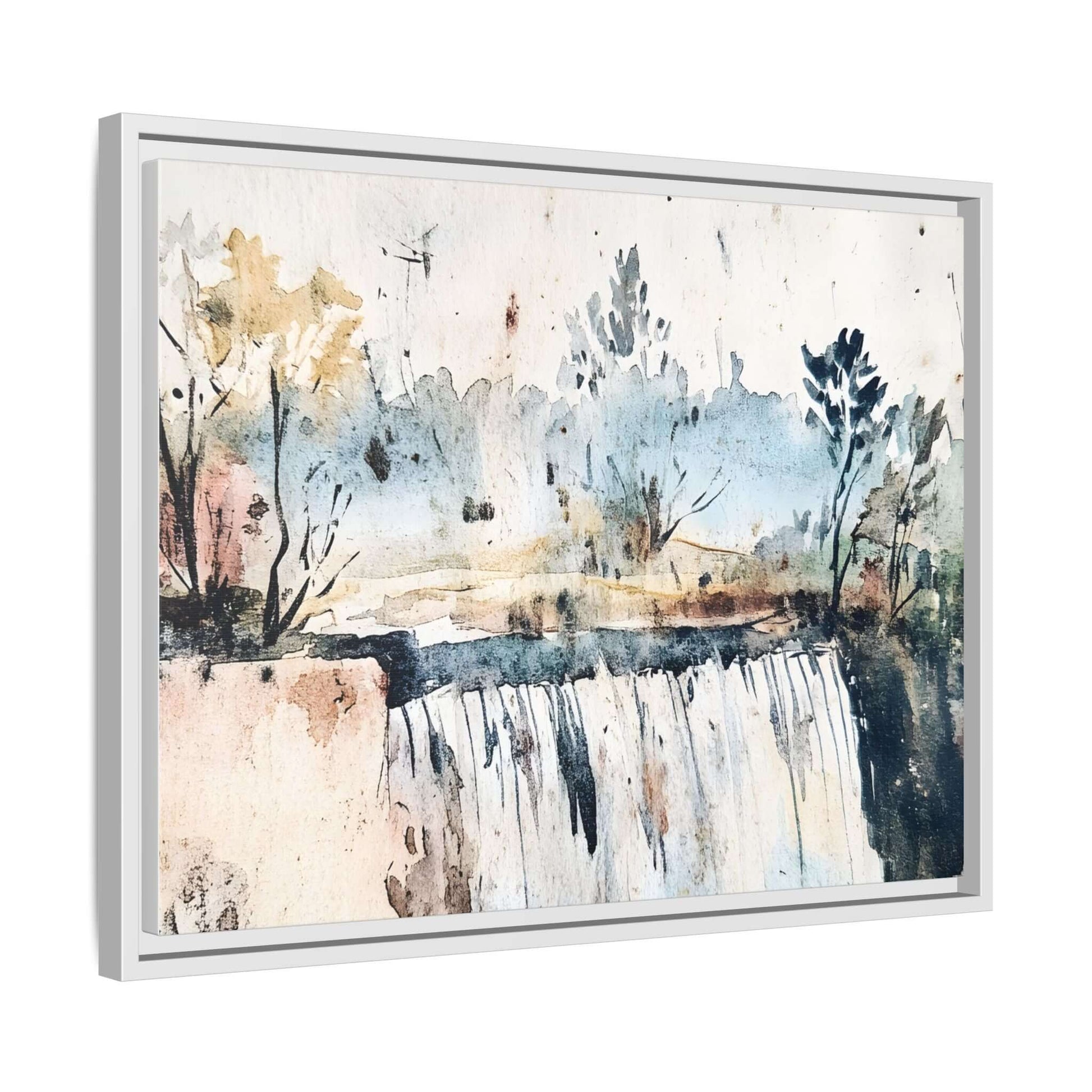 Framed watercolor wall art depicting a serene landscape with trees and a gentle waterfall, perfect for home decor.