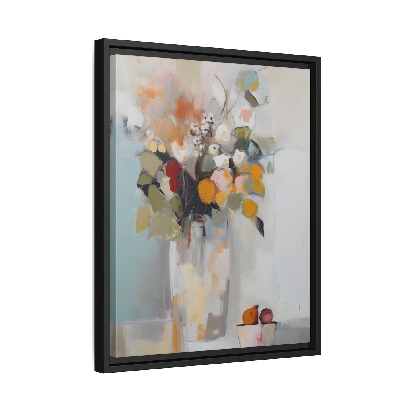 Colorful Floral Still Life Wall Art – Framed Abstract Canvas with Bright Blooms and Fruit Bowl, vibrant home decor.